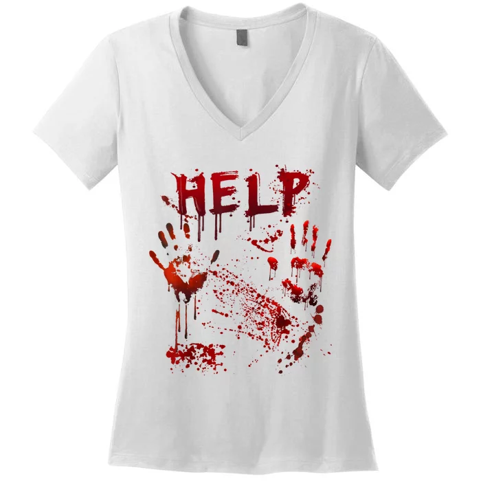 Funny Help Bloody Handprint Halloween Costume Matching Women's V-Neck T-Shirt