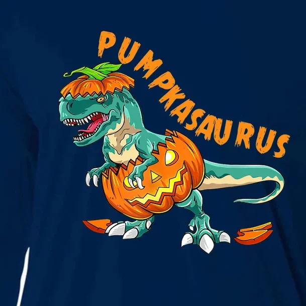 Funny Halloween Boy Pumpkasaurus T Rex Dinosaur Pumpkin Cooling Performance Long Sleeve Crew