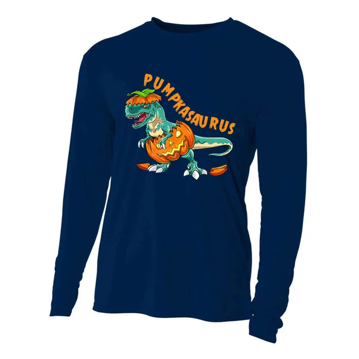 Funny Halloween Boy Pumpkasaurus T Rex Dinosaur Pumpkin Cooling Performance Long Sleeve Crew