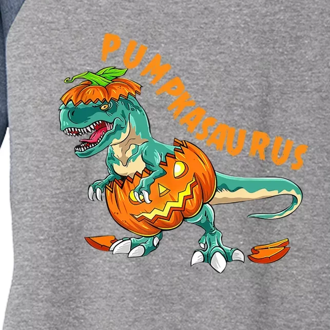 Funny Halloween Boy Pumpkasaurus T Rex Dinosaur Pumpkin Women's Tri-Blend 3/4-Sleeve Raglan Shirt