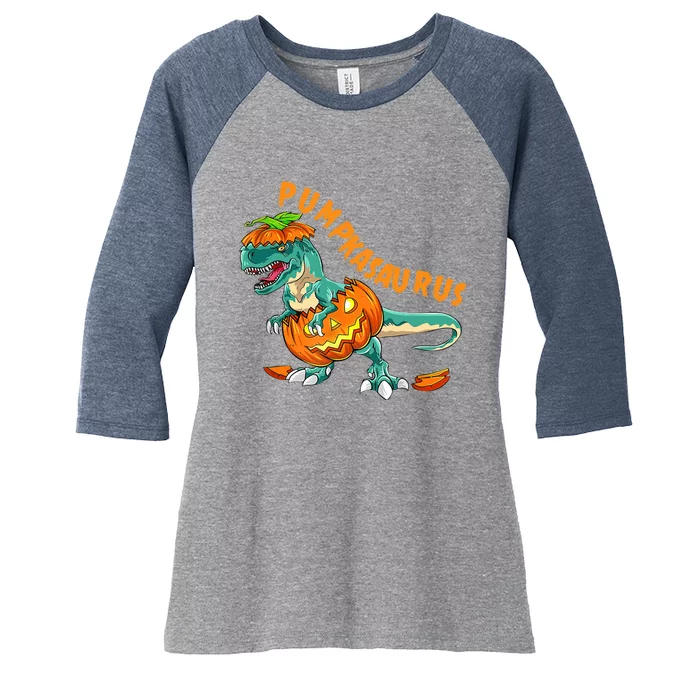 Funny Halloween Boy Pumpkasaurus T Rex Dinosaur Pumpkin Women's Tri-Blend 3/4-Sleeve Raglan Shirt