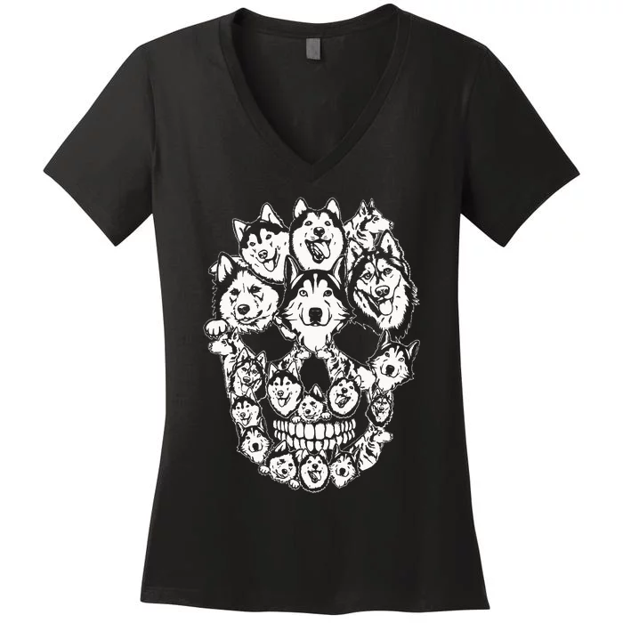 Funny Halloween Costume Skull Siberian Husky Dog Lover Women's V-Neck T-Shirt