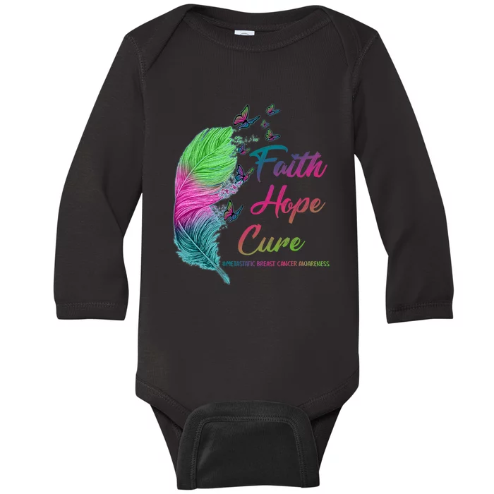 Faith Hope Cure Metastatic Breast Cancer Feather Baby Long Sleeve Bodysuit