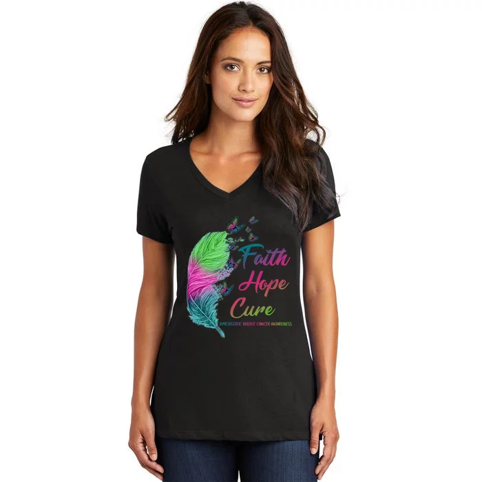 Faith Hope Cure Metastatic Breast Cancer Feather Women's V-Neck T-Shirt