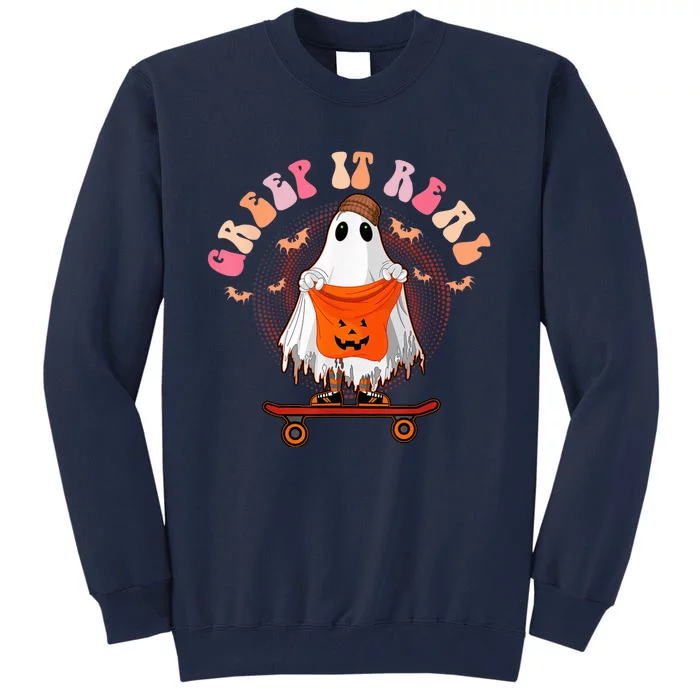 Funny Halloween Creep It Real Retro Skateboarding Ghost Kid Tall Sweatshirt