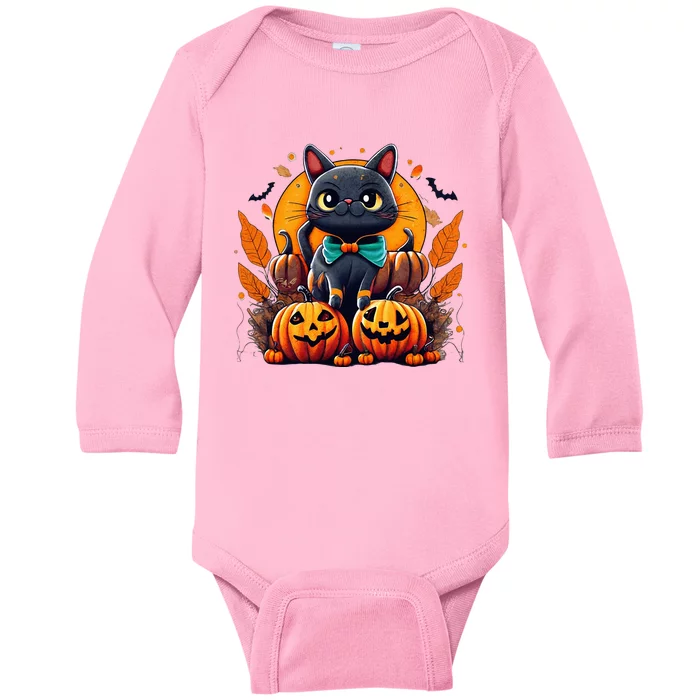 Funny Halloween Cat Costume Pumpkin Cat Black Cat Halloween Baby Long Sleeve Bodysuit