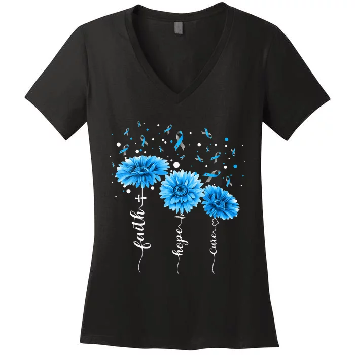 Faith Hope Cure Sunflower Type 1 Diabetes Awareness Month Women's V-Neck T-Shirt