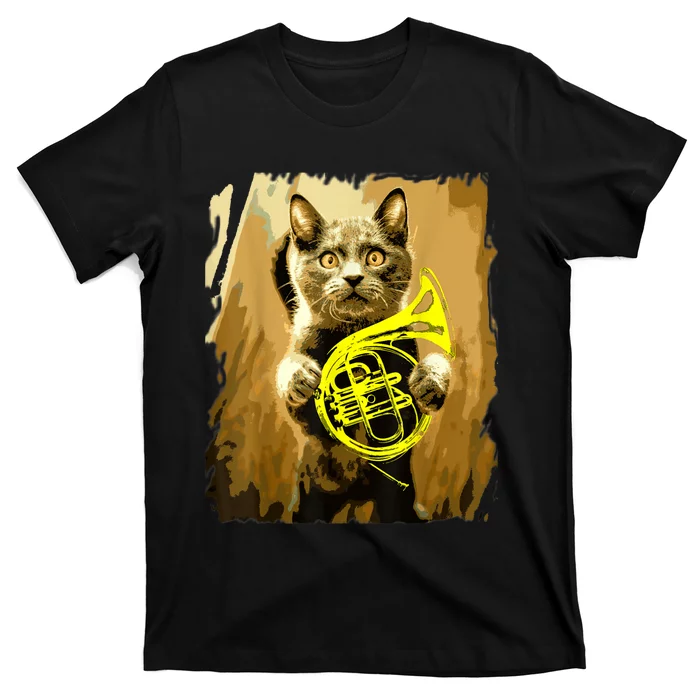 French Horn Cat Gift Music Funny Gift For Christmas T-Shirt