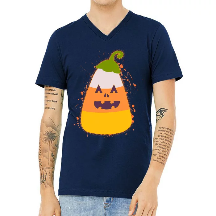 Funny Halloween Candy Corn Pumpkin V-Neck T-Shirt