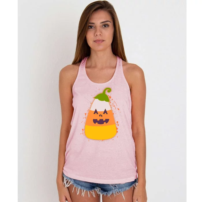 Funny Halloween Candy Corn Pumpkin Women's Knotted Racerback Tank