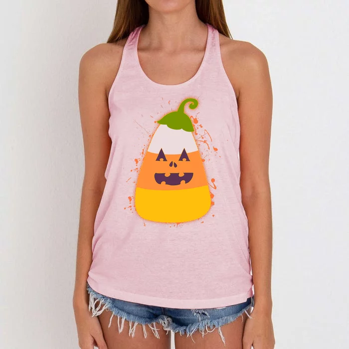 Funny Halloween Candy Corn Pumpkin Women's Knotted Racerback Tank