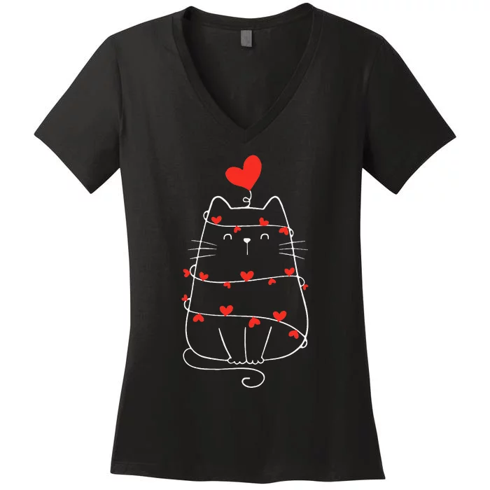 Funny Heart Cat ValentineS Day Heart Cat Lover Valentine Women's V-Neck T-Shirt