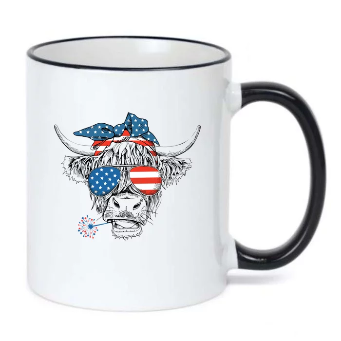 Funny Highland Cow Us Flag Glasses Patriotic July 4th Gift Black Color Changing Mug