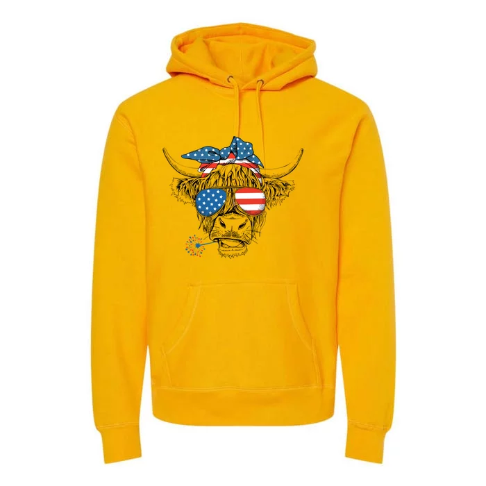 Funny Highland Cow Us Flag Glasses Patriotic July 4th Gift Premium Hoodie