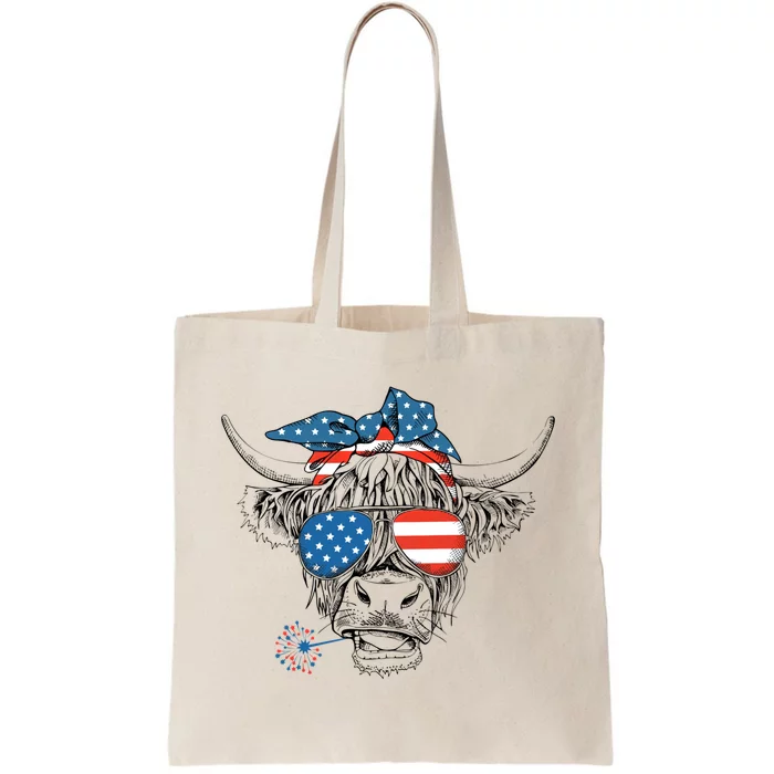 Funny Highland Cow Us Flag Glasses Patriotic July 4th Gift Tote Bag