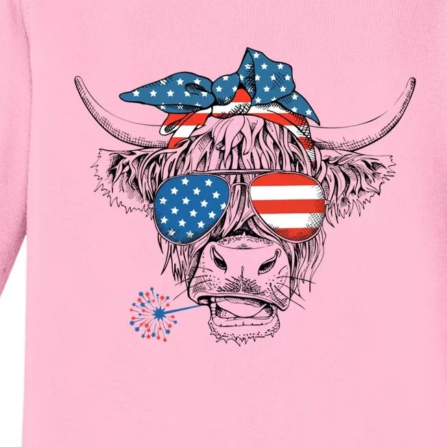 Funny Highland Cow Us Flag Glasses Patriotic July 4th Gift Baby Long Sleeve Bodysuit