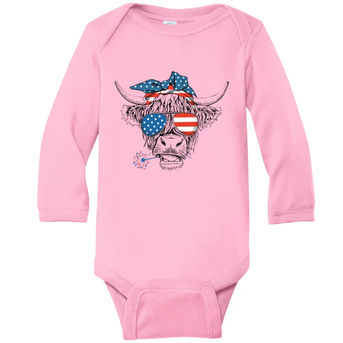 Funny Highland Cow Us Flag Glasses Patriotic July 4th Gift Baby Long Sleeve Bodysuit