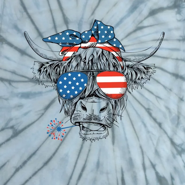 Funny Highland Cow Us Flag Glasses Patriotic July 4th Gift Tie-Dye T-Shirt