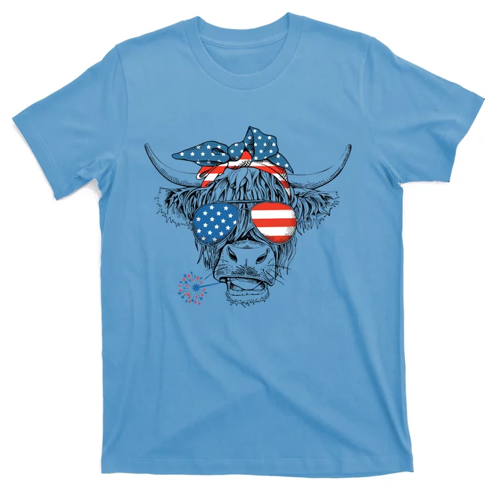 Funny Highland Cow Us Flag Glasses Patriotic July 4th Gift T-Shirt