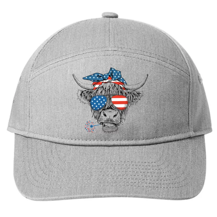 Funny Highland Cow Us Flag Glasses Patriotic July 4th Gift 7-Panel Snapback Hat