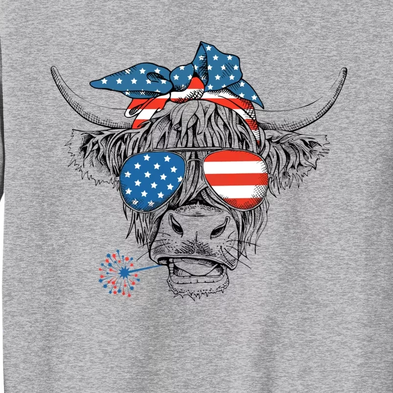 Funny Highland Cow Us Flag Glasses Patriotic July 4th Gift Tall Sweatshirt