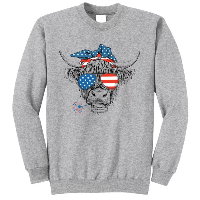 Funny Highland Cow Us Flag Glasses Patriotic July 4th Gift Tall Sweatshirt