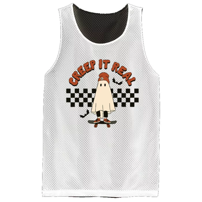 Funny Halloween Creep It Real Retro Skateboarding Ghost Mesh Reversible Basketball Jersey Tank