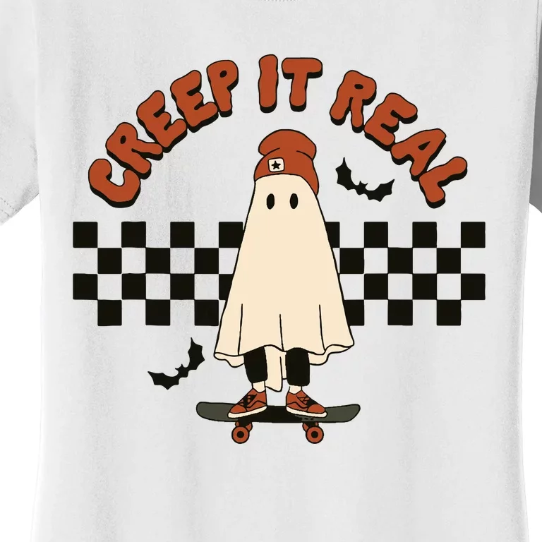 Funny Halloween Creep It Real Retro Skateboarding Ghost Women's T-Shirt