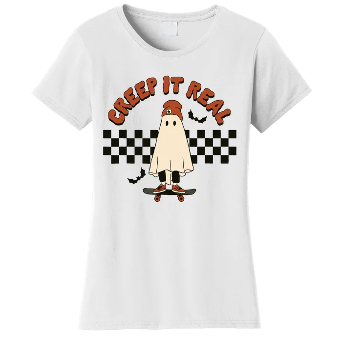 Funny Halloween Creep It Real Retro Skateboarding Ghost Women's T-Shirt