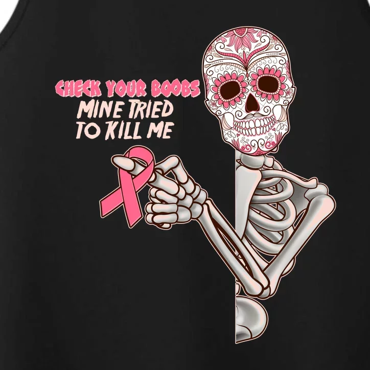 Funny Halloween Check Your Boobs Mine Tired To Kill Me Breast Cancer Awareness Performance Tank