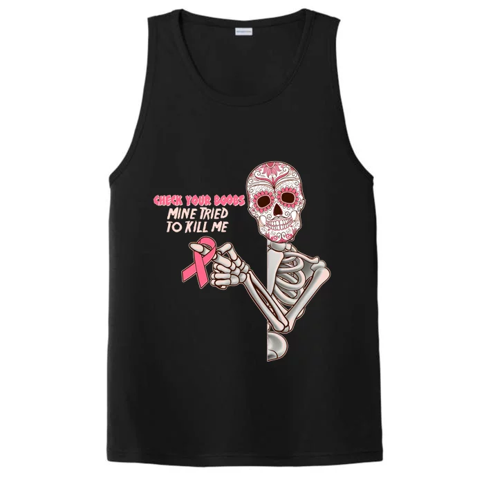 Funny Halloween Check Your Boobs Mine Tired To Kill Me Breast Cancer Awareness Performance Tank