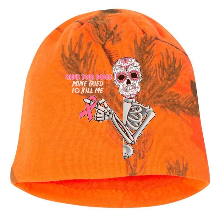 Funny Halloween Check Your Boobs Mine Tired To Kill Me Breast Cancer Awareness Kati - Camo Knit Beanie