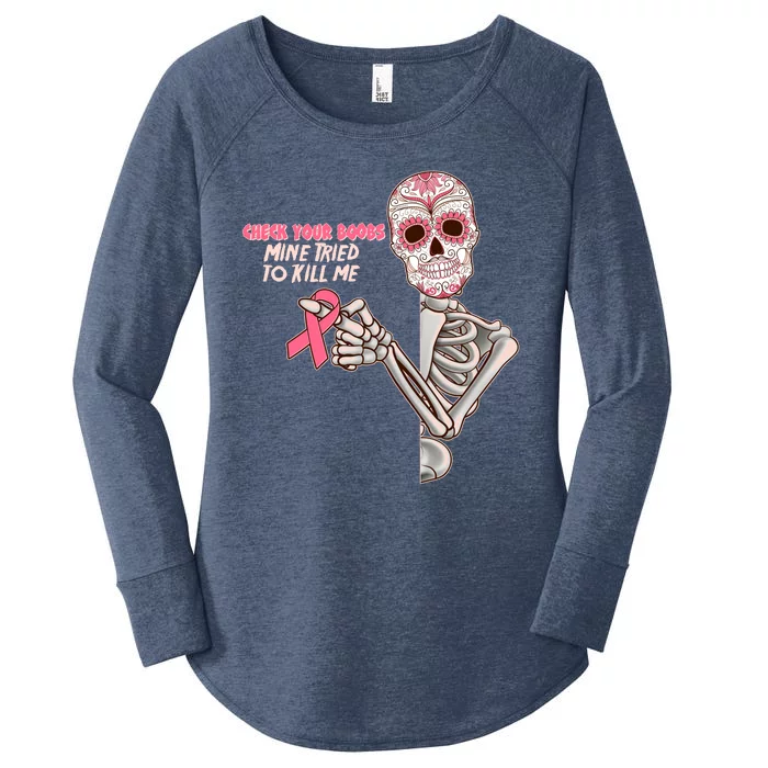 Funny Halloween Check Your Boobs Mine Tired To Kill Me Breast Cancer Awareness Women's Perfect Tri Tunic Long Sleeve Shirt