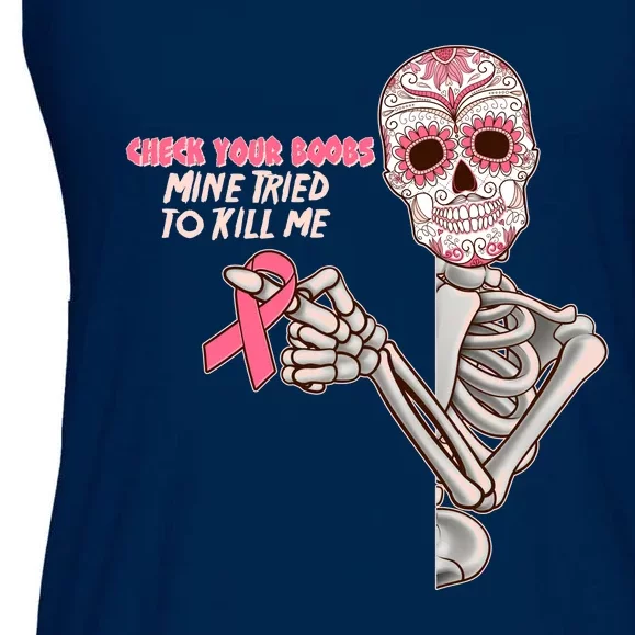 Funny Halloween Check Your Boobs Mine Tired To Kill Me Breast Cancer Awareness Ladies Essential Flowy Tank