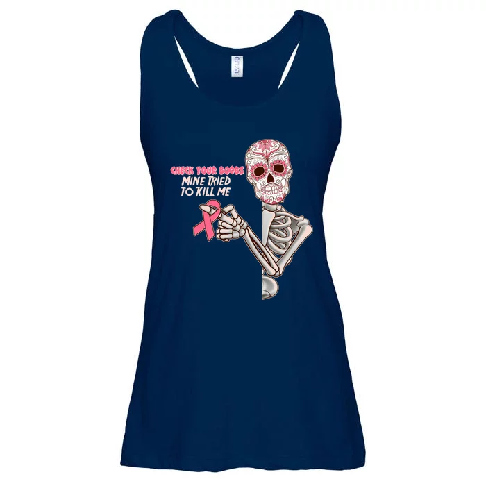 Funny Halloween Check Your Boobs Mine Tired To Kill Me Breast Cancer Awareness Ladies Essential Flowy Tank