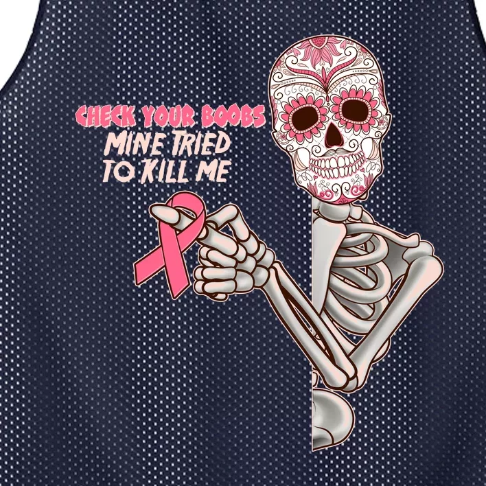 Funny Halloween Check Your Boobs Mine Tired To Kill Me Breast Cancer Awareness Mesh Reversible Basketball Jersey Tank