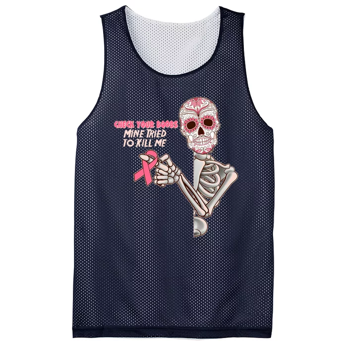 Funny Halloween Check Your Boobs Mine Tired To Kill Me Breast Cancer Awareness Mesh Reversible Basketball Jersey Tank