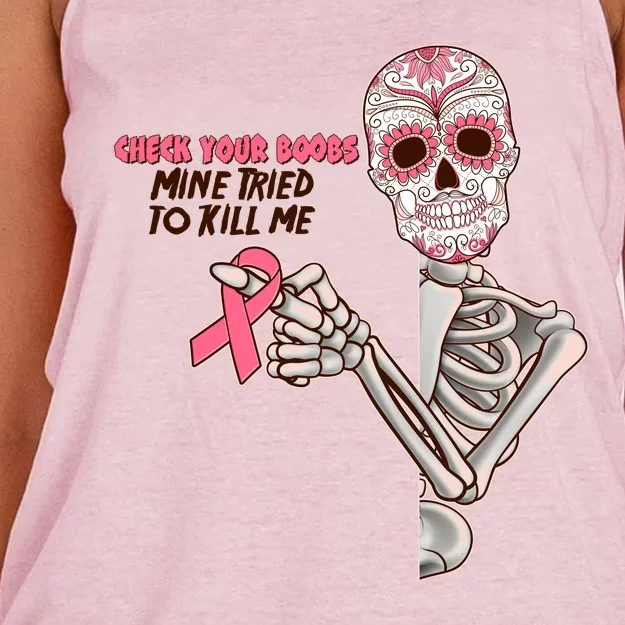 Funny Halloween Check Your Boobs Mine Tired To Kill Me Breast Cancer Awareness Women's Knotted Racerback Tank