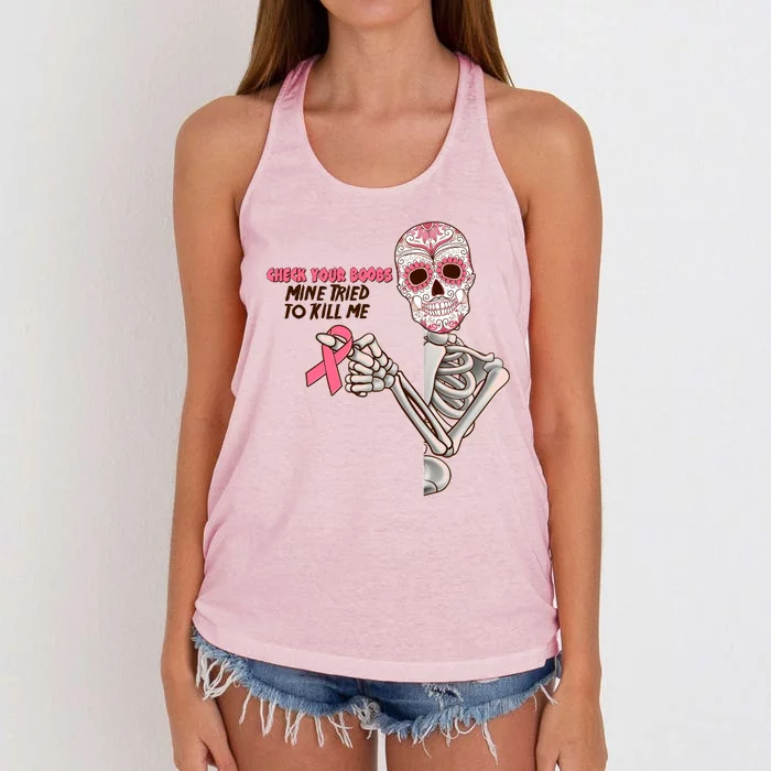 Funny Halloween Check Your Boobs Mine Tired To Kill Me Breast Cancer Awareness Women's Knotted Racerback Tank