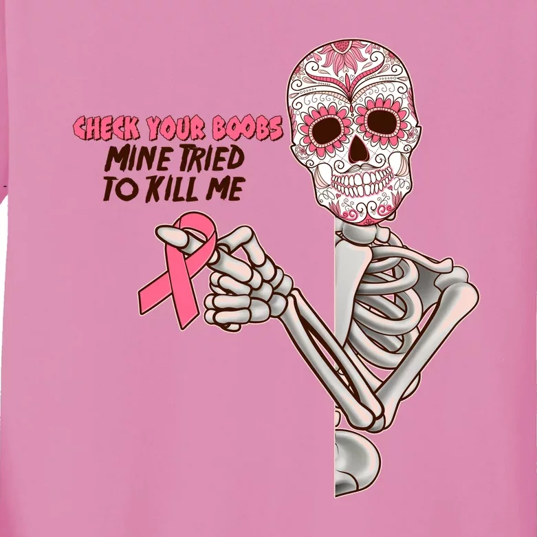 Funny Halloween Check Your Boobs Mine Tired To Kill Me Breast Cancer Awareness Kids Long Sleeve Shirt