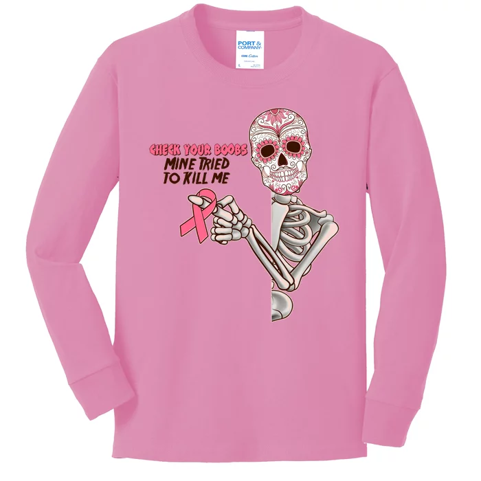 Funny Halloween Check Your Boobs Mine Tired To Kill Me Breast Cancer Awareness Kids Long Sleeve Shirt