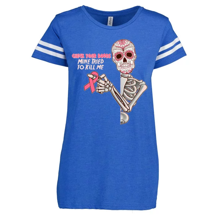 Funny Halloween Check Your Boobs Mine Tired To Kill Me Breast Cancer Awareness Enza Ladies Jersey Football T-Shirt