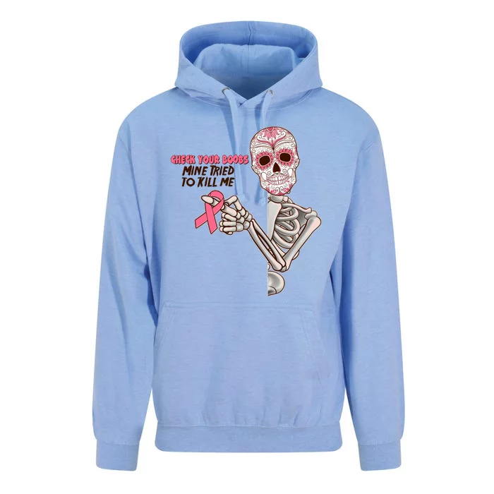 Funny Halloween Check Your Boobs Mine Tired To Kill Me Breast Cancer Awareness Unisex Surf Hoodie