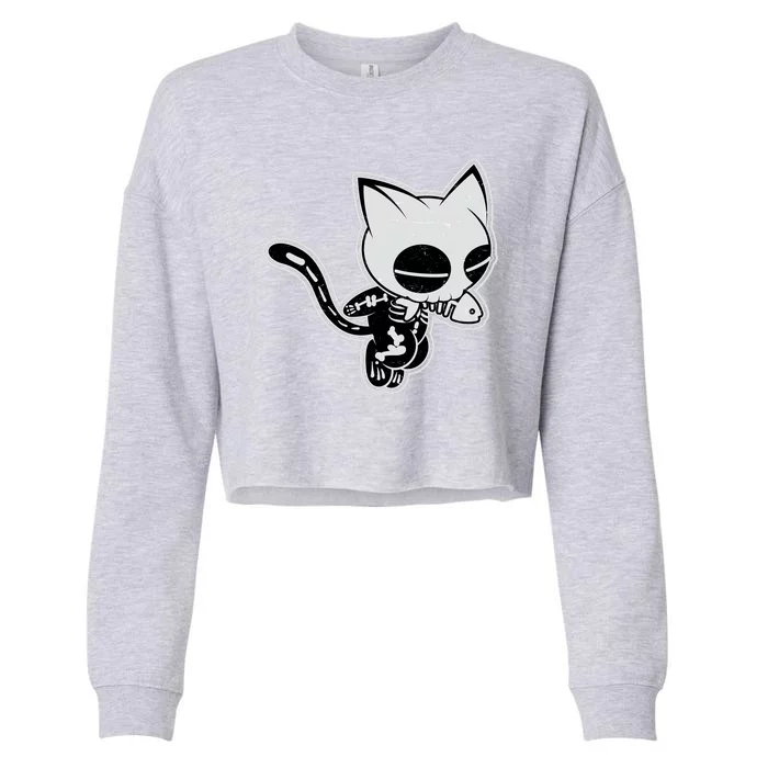 Funny Halloween Cute Ghost Skelekat Cropped Pullover Crew