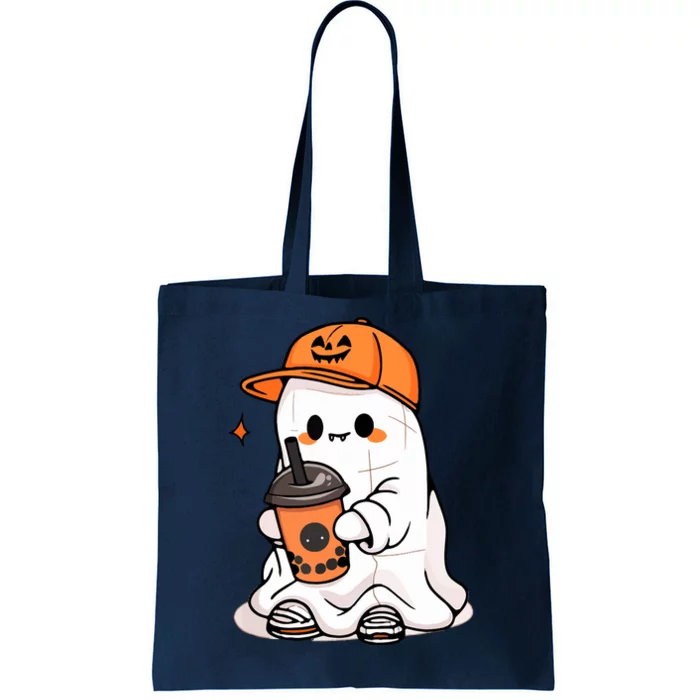 Funny Halloween Cute Little Ghost Drinking Coffee Spooky Season Gift Tote Bag