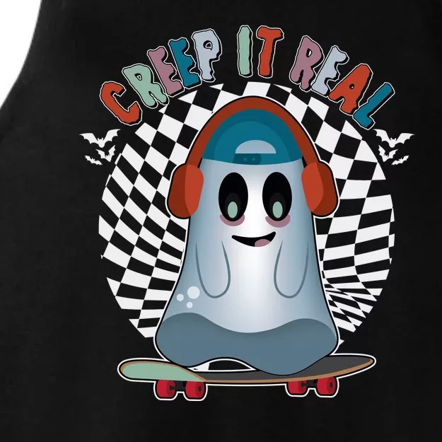 Funny Halloween Creep It Real Skateboarding Ghost Ladies Tri-Blend Wicking Tank