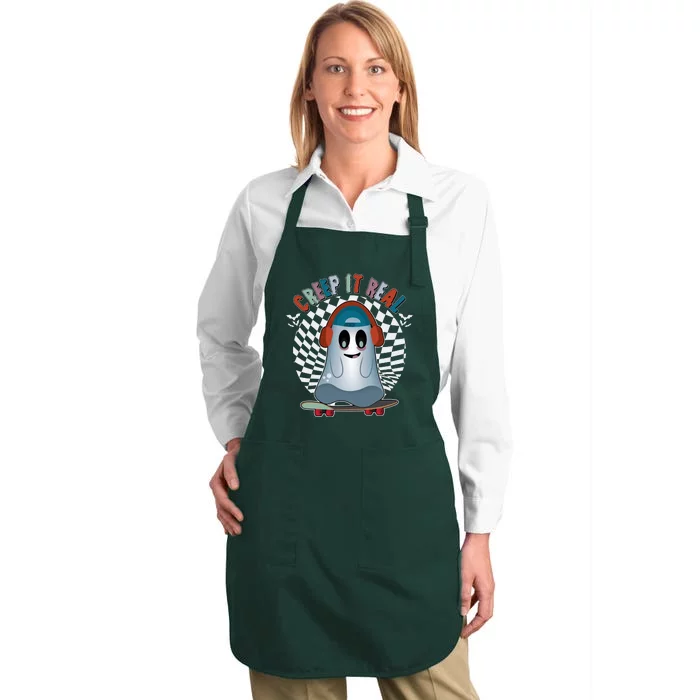 Funny Halloween Creep It Real Skateboarding Ghost Full-Length Apron With Pocket