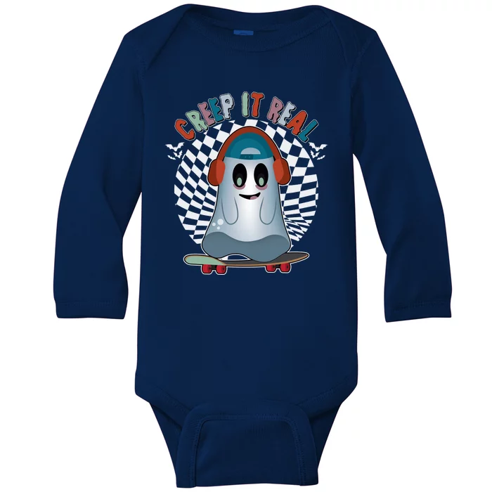 Funny Halloween Creep It Real Skateboarding Ghost Baby Long Sleeve Bodysuit