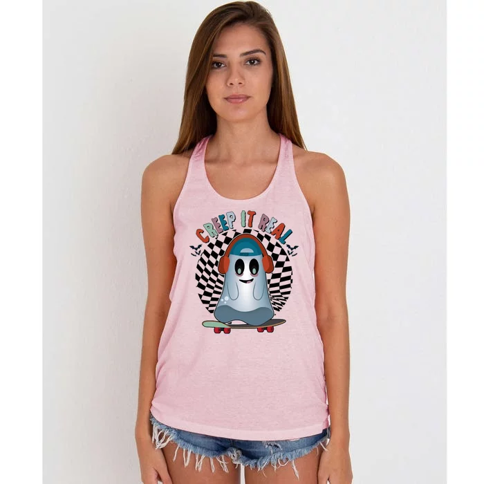 Funny Halloween Creep It Real Skateboarding Ghost Women's Knotted Racerback Tank