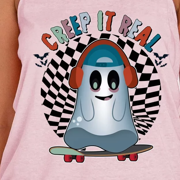 Funny Halloween Creep It Real Skateboarding Ghost Women's Knotted Racerback Tank